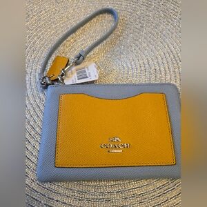 NWT Coach 65141 Corner Zip Wristlet Colorblock Leather Cornflower Blue Yellow